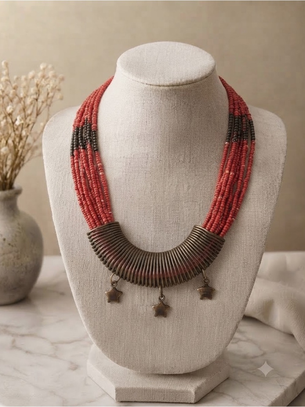 Vintage Multi-Strand Red Bead Cleopatra Necklace